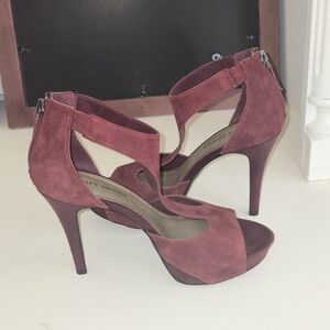 Audrey Brooke Burgundy Suede Ankle-Strap High Heels